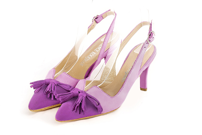 Mauve purple women's open back shoes, with a knot. Tapered toe. High slim heel. Front view - Florence KOOIJMAN